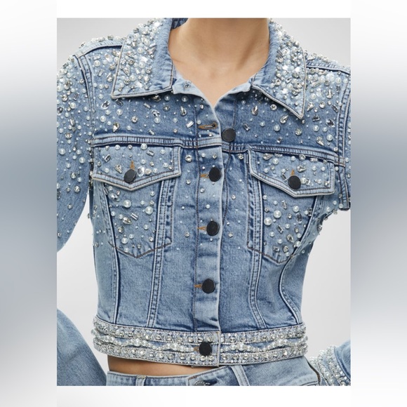 Alice + Olivia Pearl Studded Light Blue Denim Jacket small - Picture 2 of 5